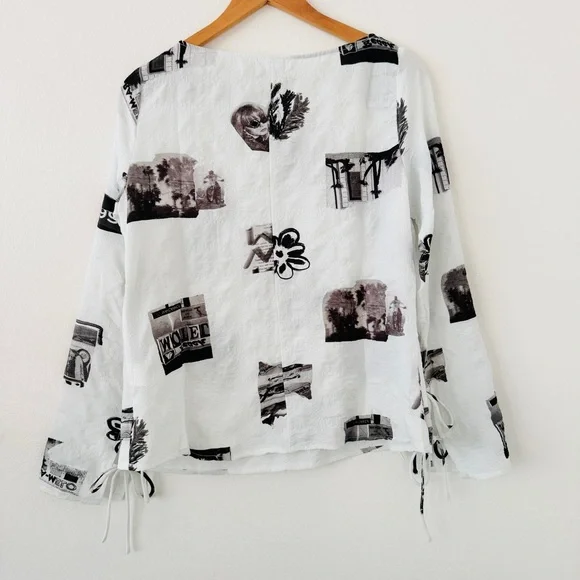 NWOT Desigual Textured Tie Sleeve White & Black Graphic Top - Picture 5 of 6